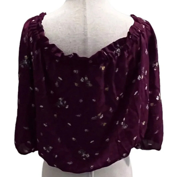 Papermoon Womens Wine Floral Flowy Crop Top Blouse Size Large Ties 3/4 Sleeves - Picture 4 of 10